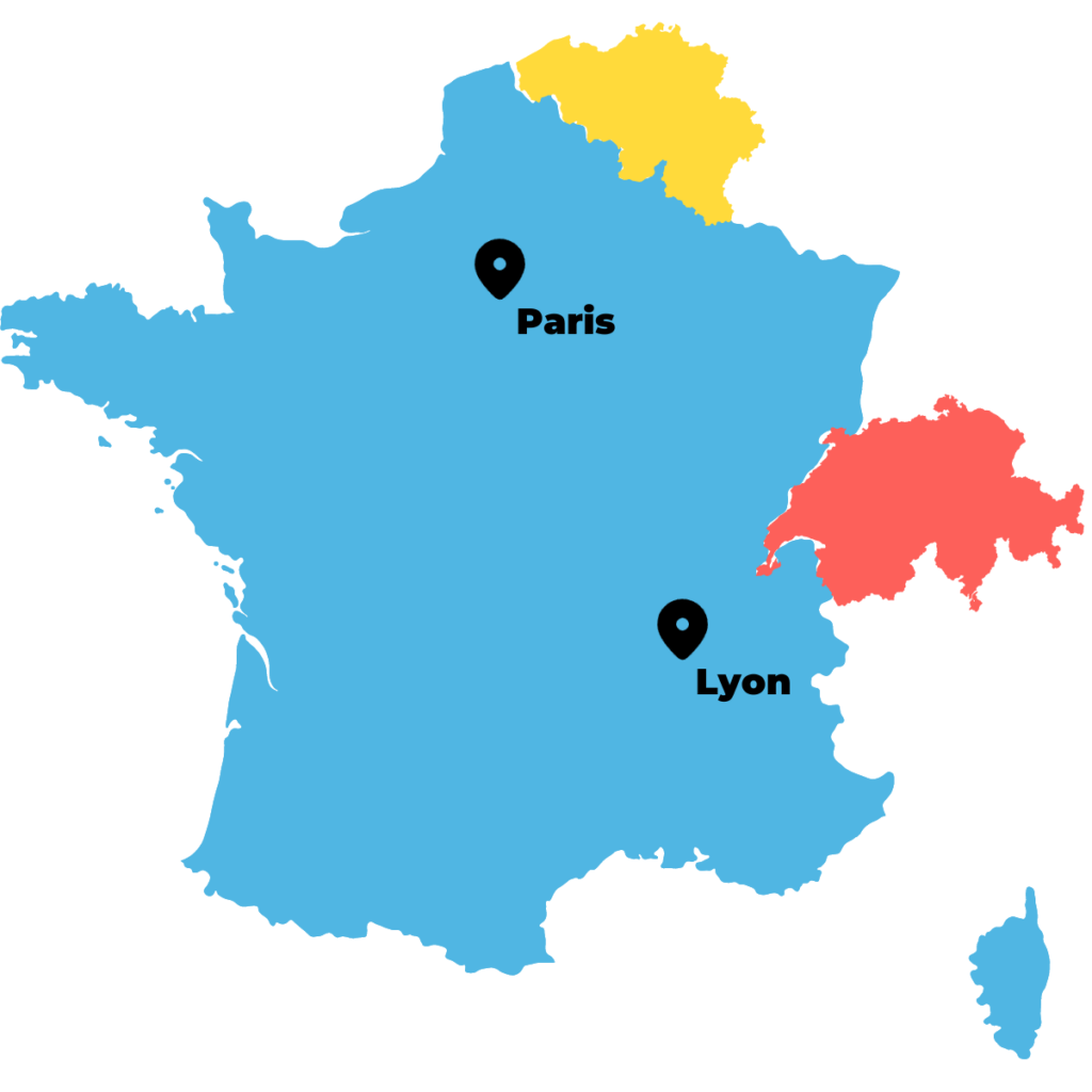 Carte simplifiée de la France, la Belgique et la Suisse